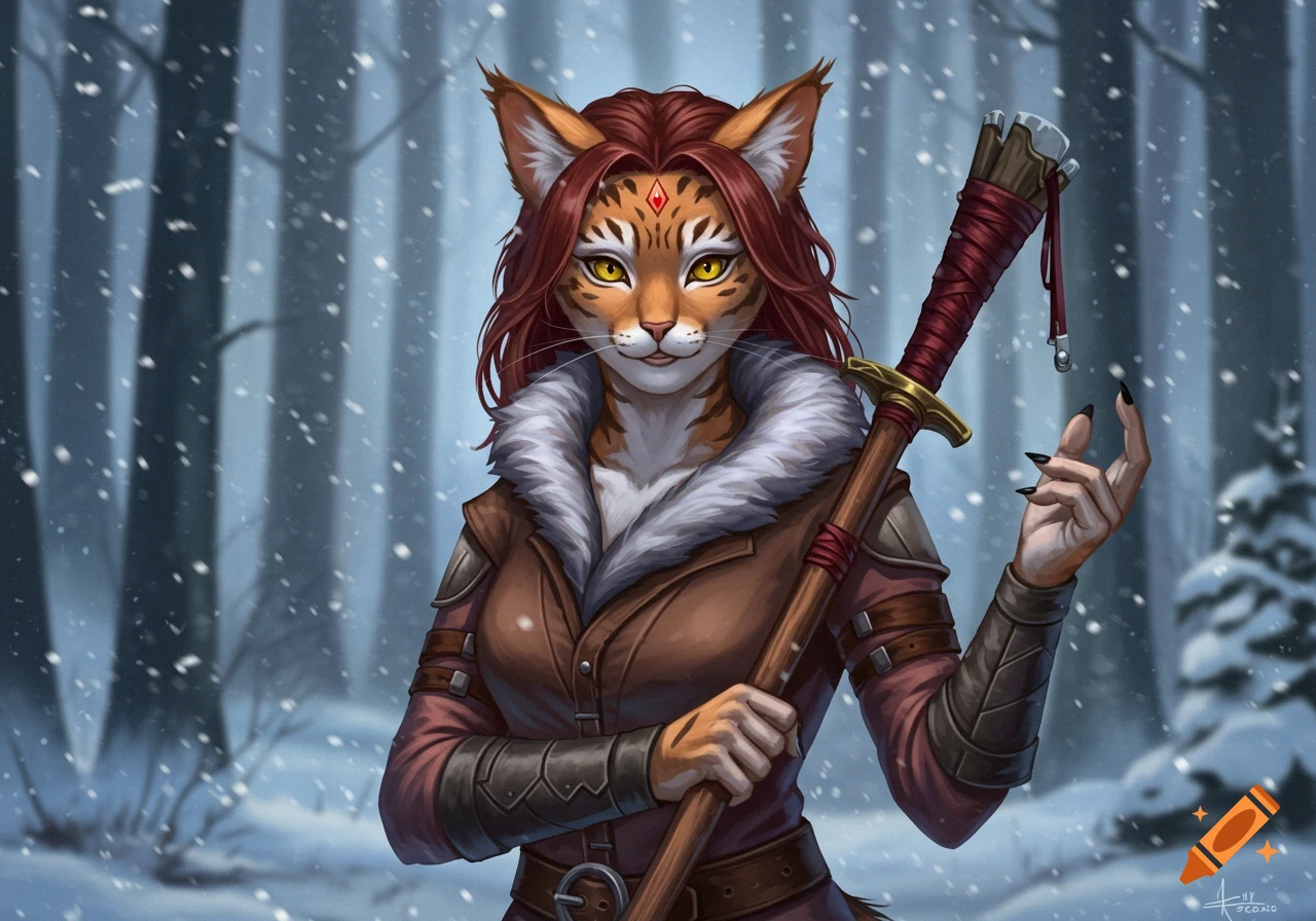 Anthro female feline warrior with red hair and amber eyes in a snowy forest, holding a staff-like weapon.