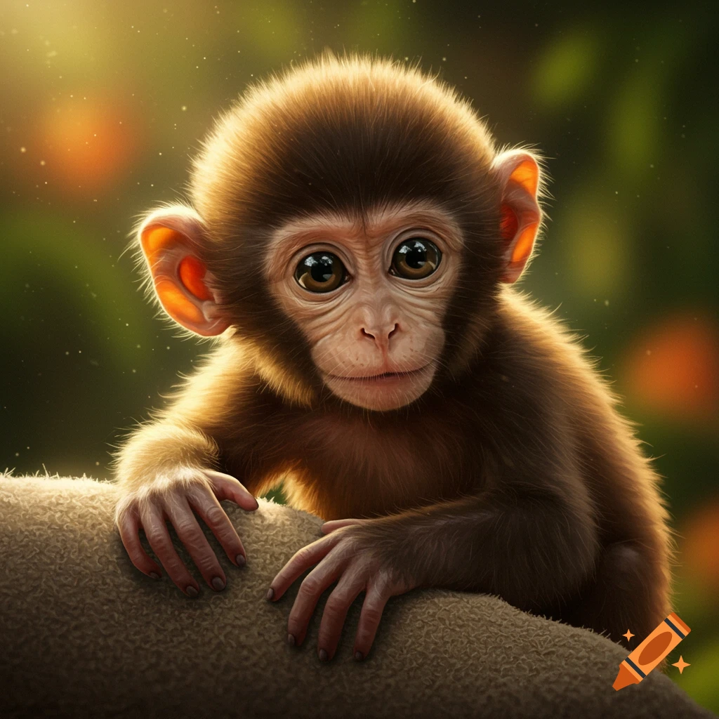 A photorealistic baby monkey with large eyes holds onto a branch, looking forward in dappled sunlight.