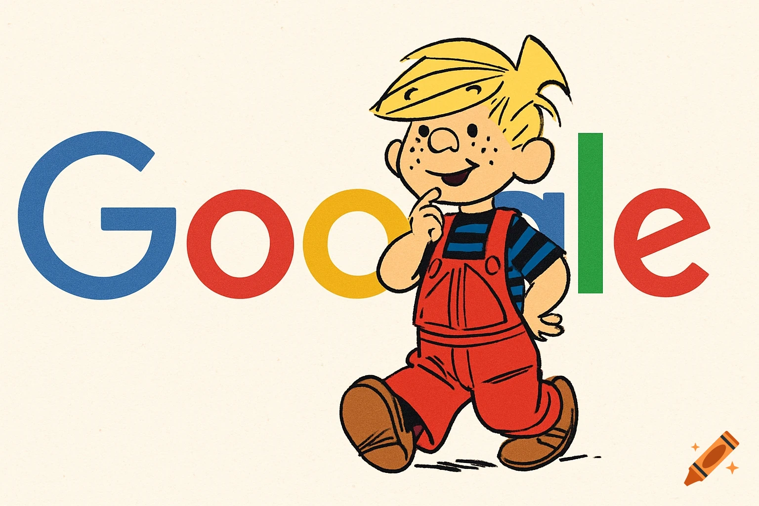 Dennis the Menace in red overalls walks in front of the colorful Google logo in a classic comic strip style.