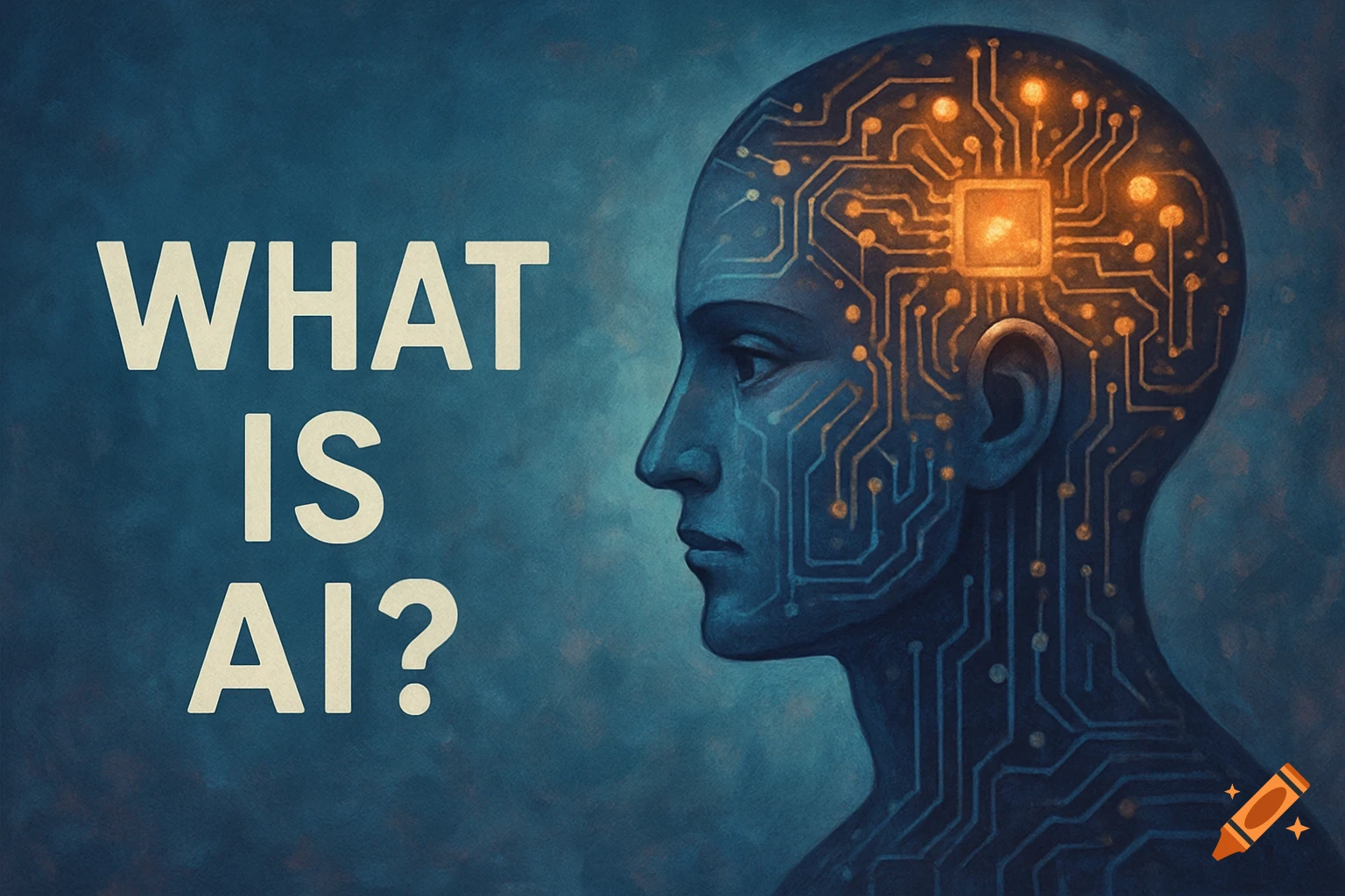 A stylized human head with glowing circuit patterns on a blue background, next to the text "WHAT IS AI?".