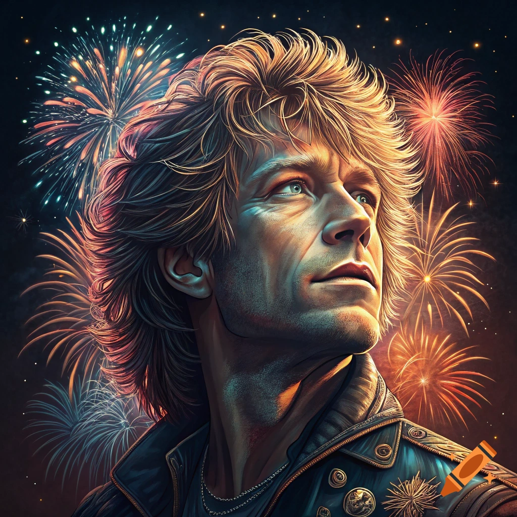 A vibrant portrait of a man resembling Bon Jovi with bright, voluminous hair, against a backdrop of colorful fireworks.