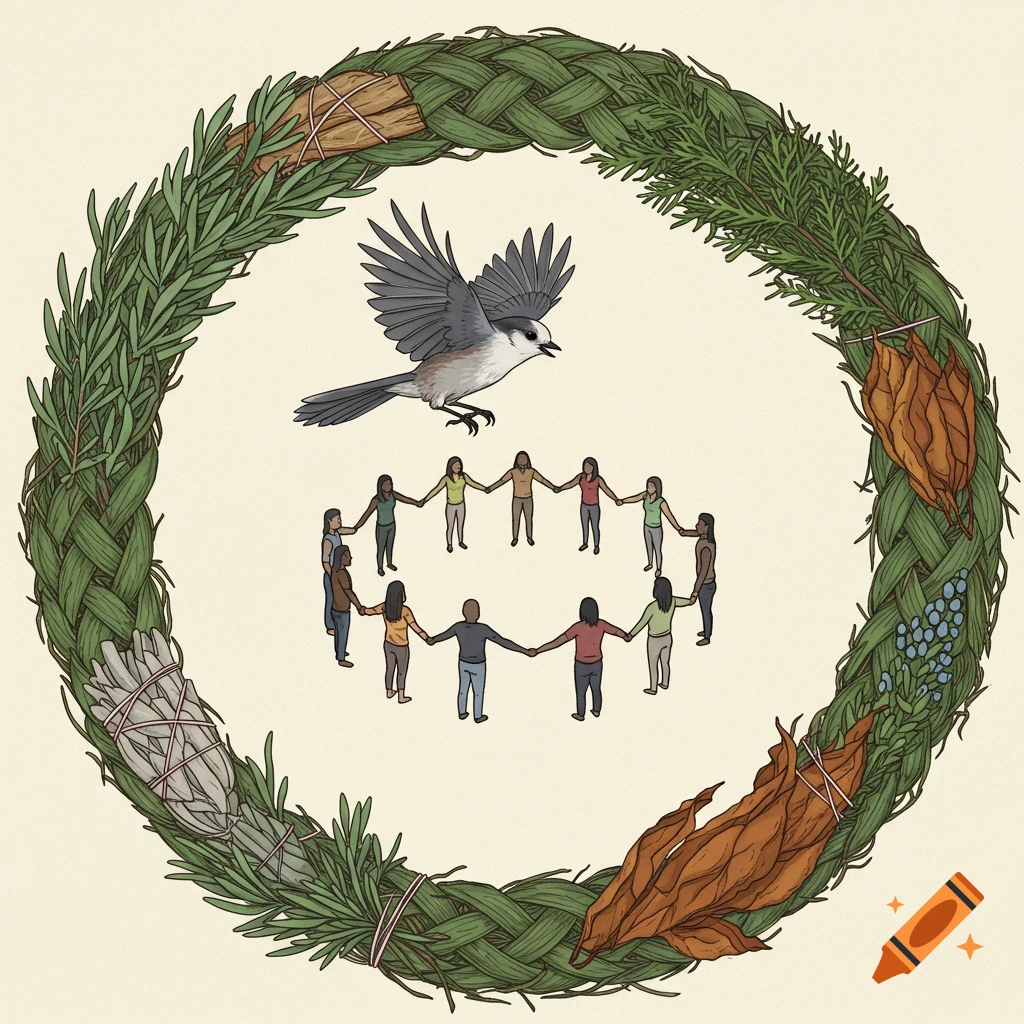 Illustration of a braided green wreath with sage, tobacco, cedar, encircling people holding hands. A gray jay hovers above.