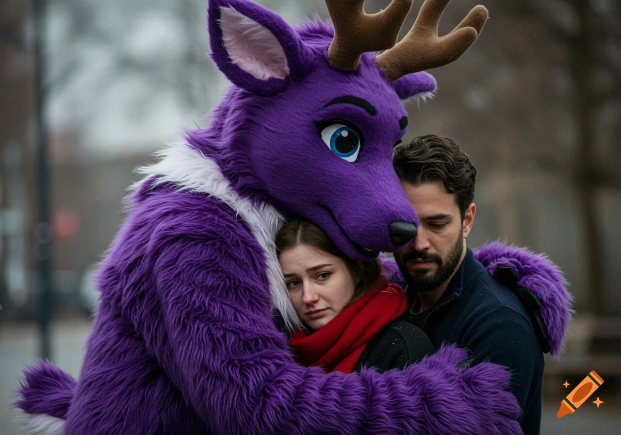 A photorealistic image of a purple fursuit reindeer hugging a sad-looking woman and a man outdoors.