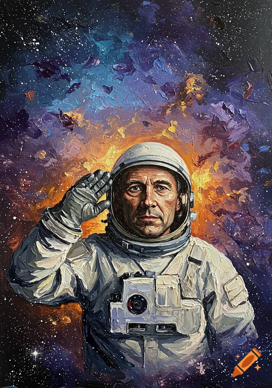 Impasto painting of an astronaut in a white suit saluting, set against a vibrant, colorful nebula and starry dark space.