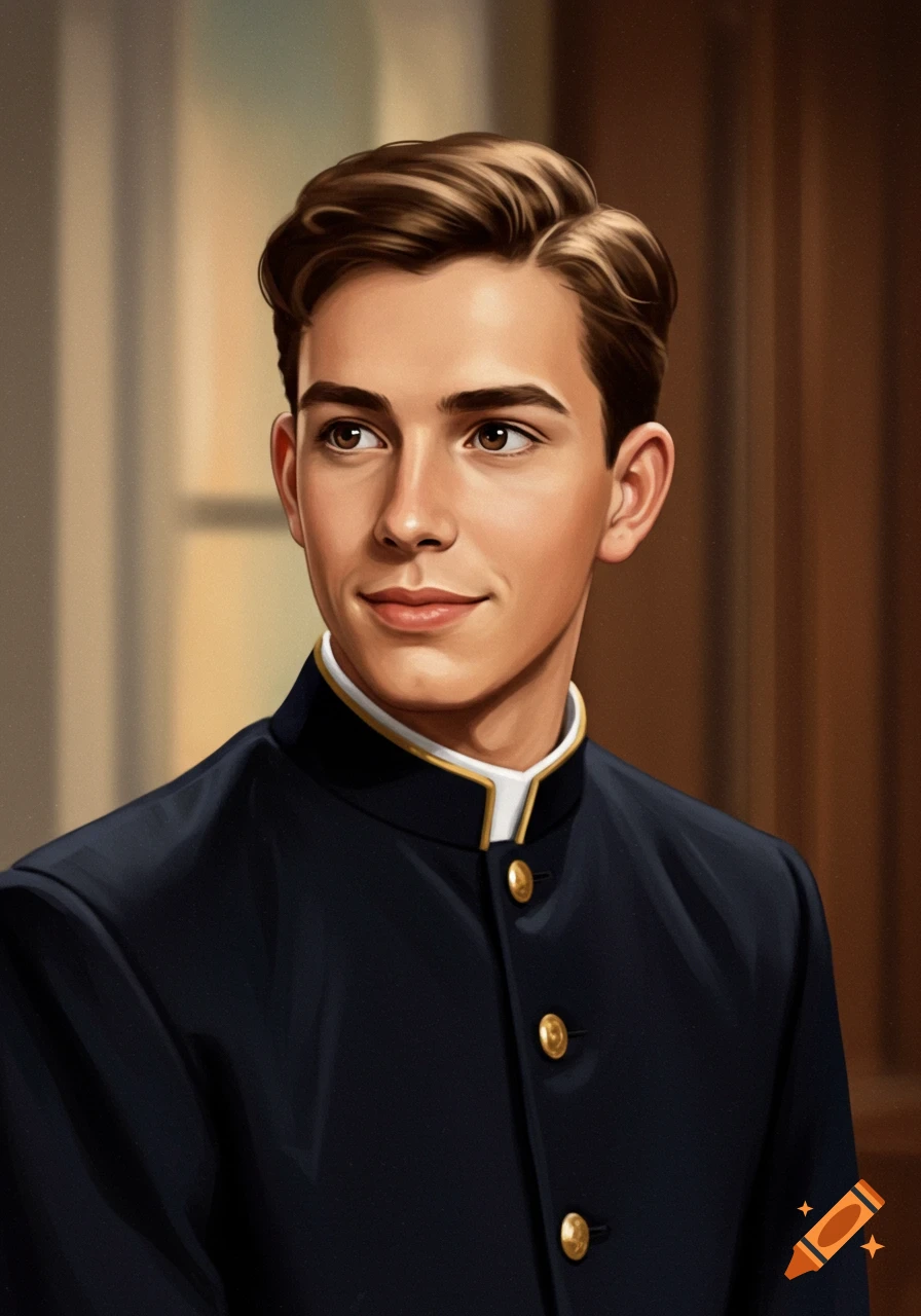 A handsome young man with brown hair and eyes, wearing a dark blue catholic school uniform with gold buttons, looking slightly to the left with a half-smile in a painterly style.