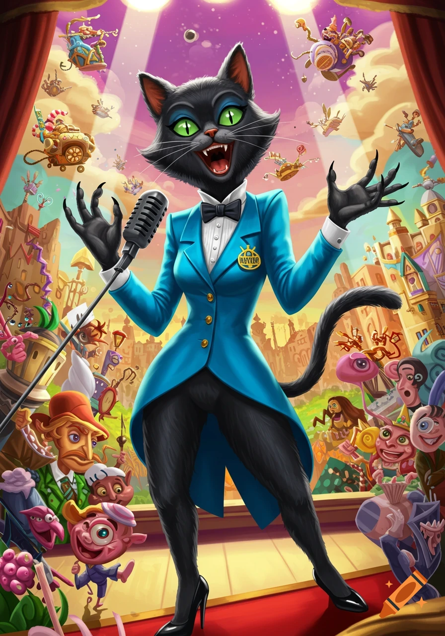 A vibrant cartoon illustration of a black cat woman in a blue mayor's tailcoat singing on stage, surrounded by whimsical characters.
