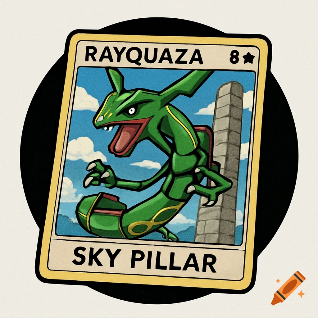 An illustrated Pokémon trading card featuring the green dragon Rayquaza above the Sky Pillar.