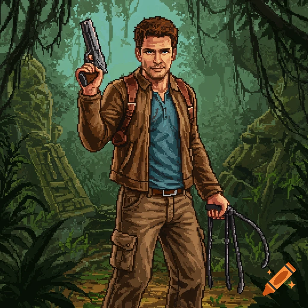 Pixel art of Nathan Drake holding a pistol and whip in a dense jungle with ancient ruins in the background.