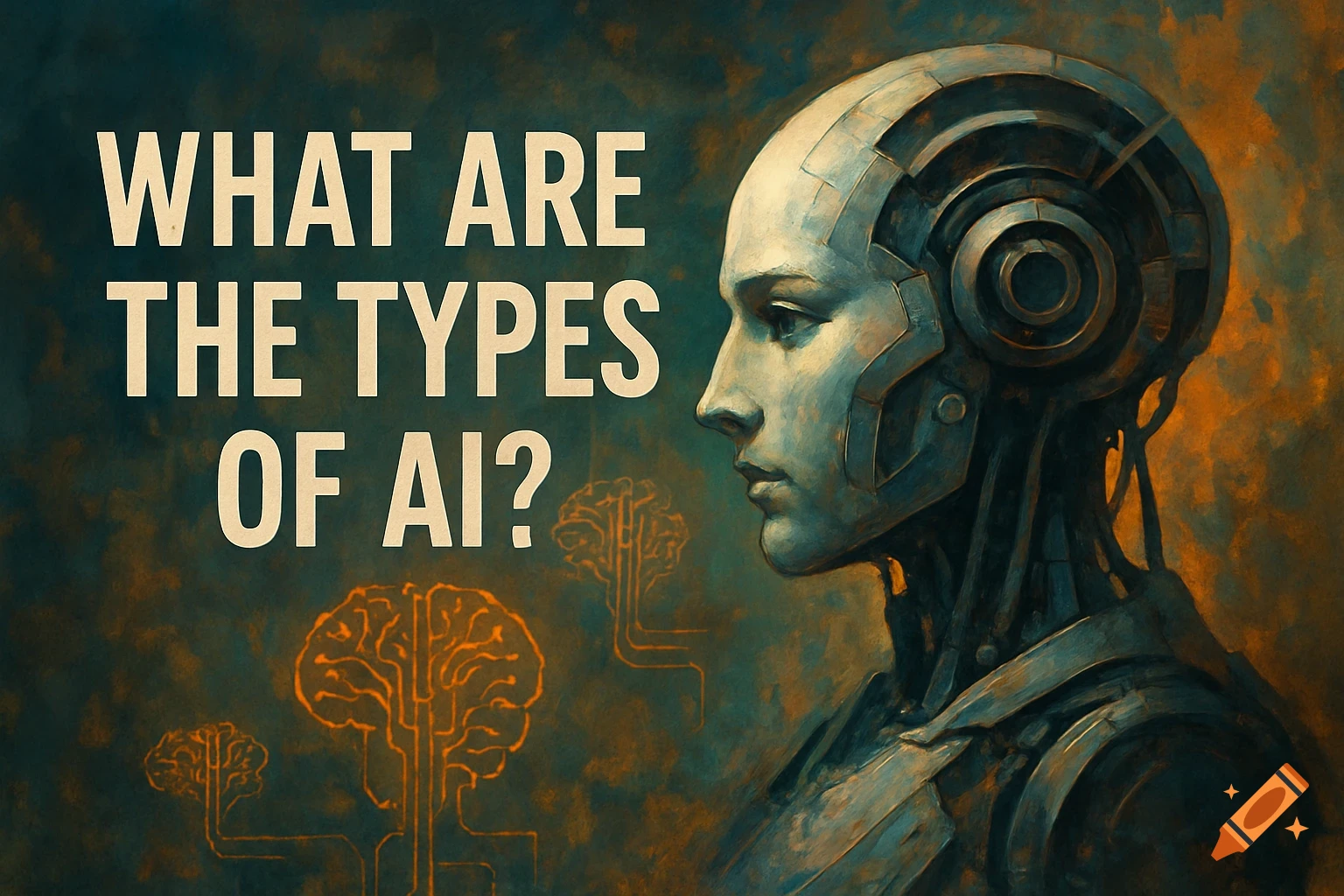 Stylized profile of a robotic head with the text 'WHAT ARE THE TYPES OF AI?' on a dark, painterly background with glowing brain circuits.