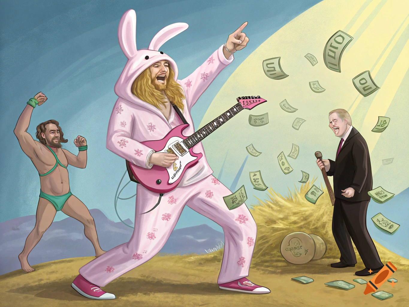 A humorous illustration shows Dave Mustaine in a pink bunny suit playing guitar, Zakk Wylde in a speedo, and Mitch McConnell throwing money.