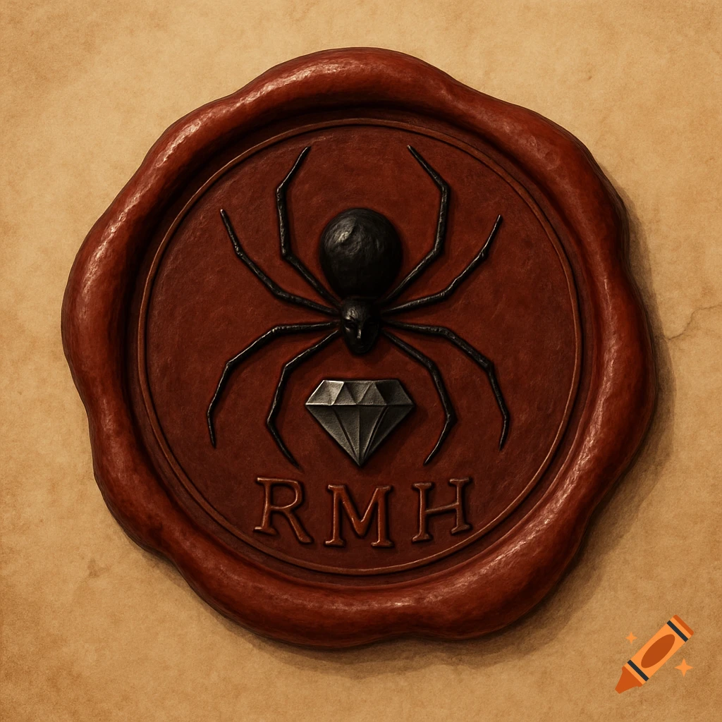 A red wax seal featuring a black spider, a faceted diamond, and the embossed letters RMH.