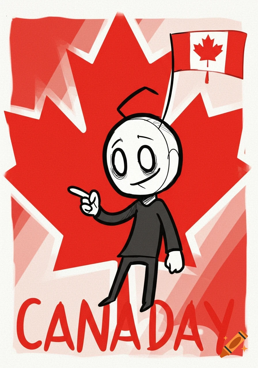 A cartoon character points forward in front of a red maple leaf and Canadian flag, with "CANADAY" text below.