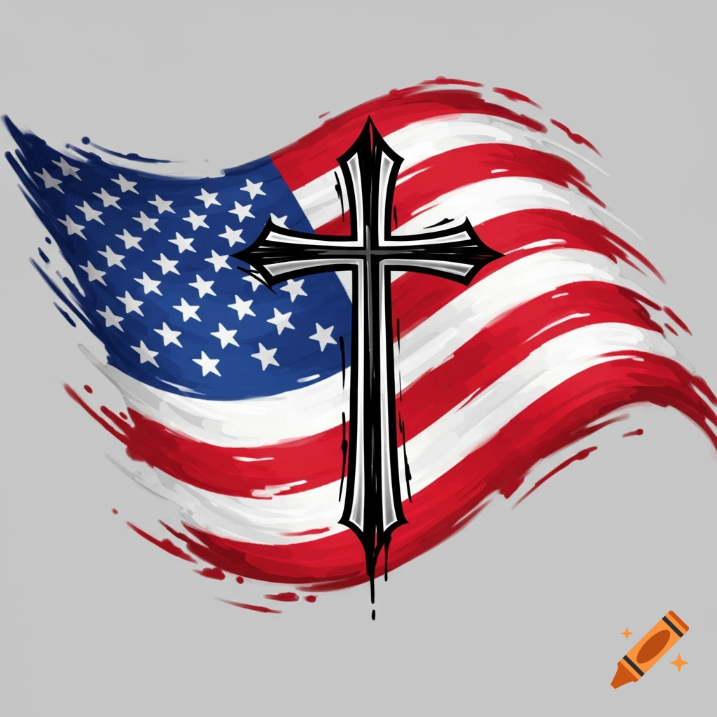 A brushstroke-style American flag with a black cross overlaid, in a tattoo art style.
