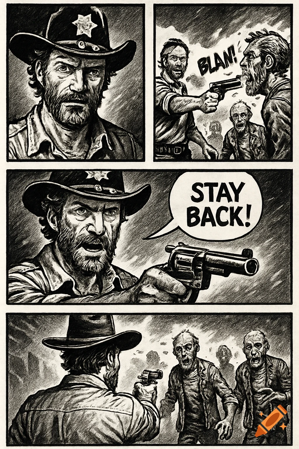 A black and white comic strip depicting Rick Grimes in a sheriff's hat, shooting and shouting at zombies.