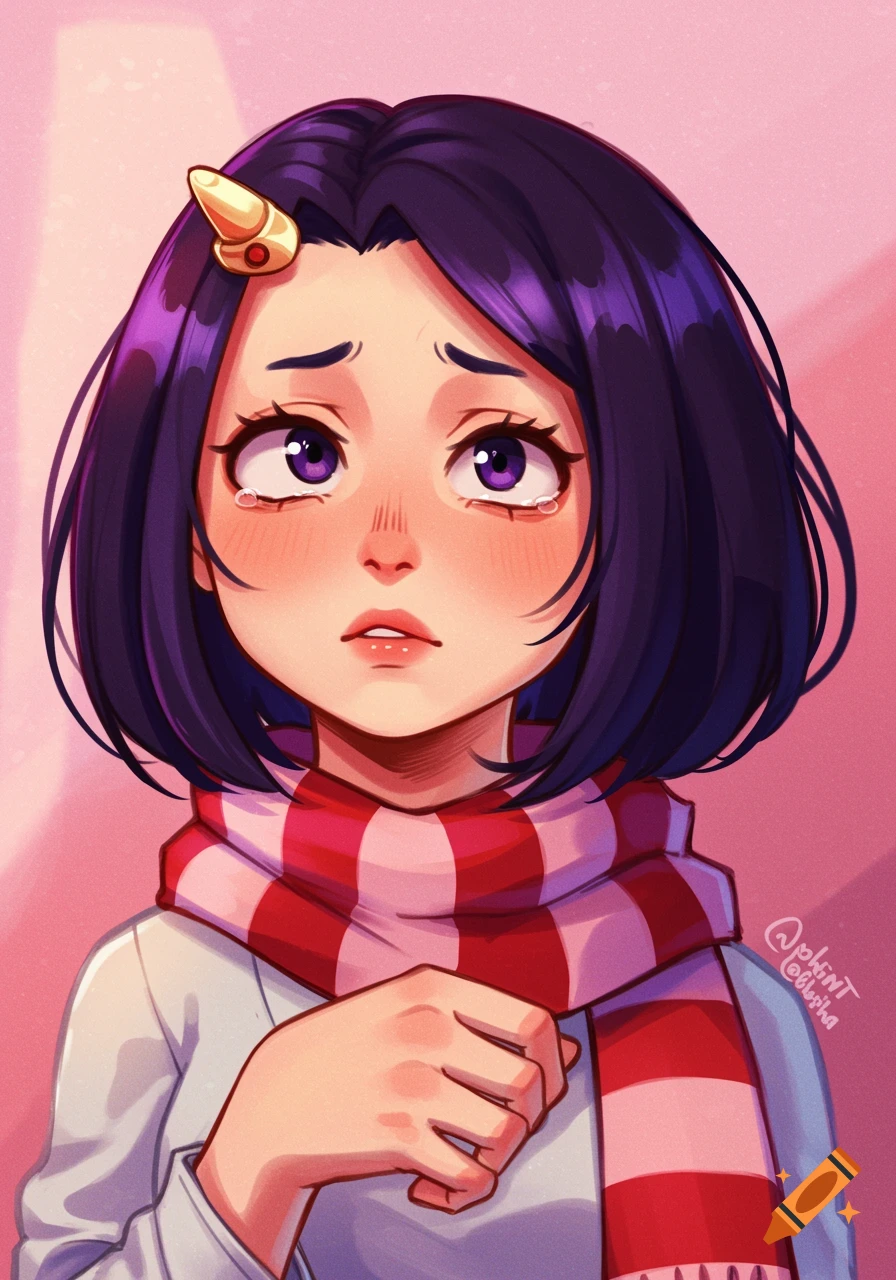 A close-up portrait of a crying anime girl with short dark hair, purple eyes, wearing a red and white striped scarf and a white shirt.