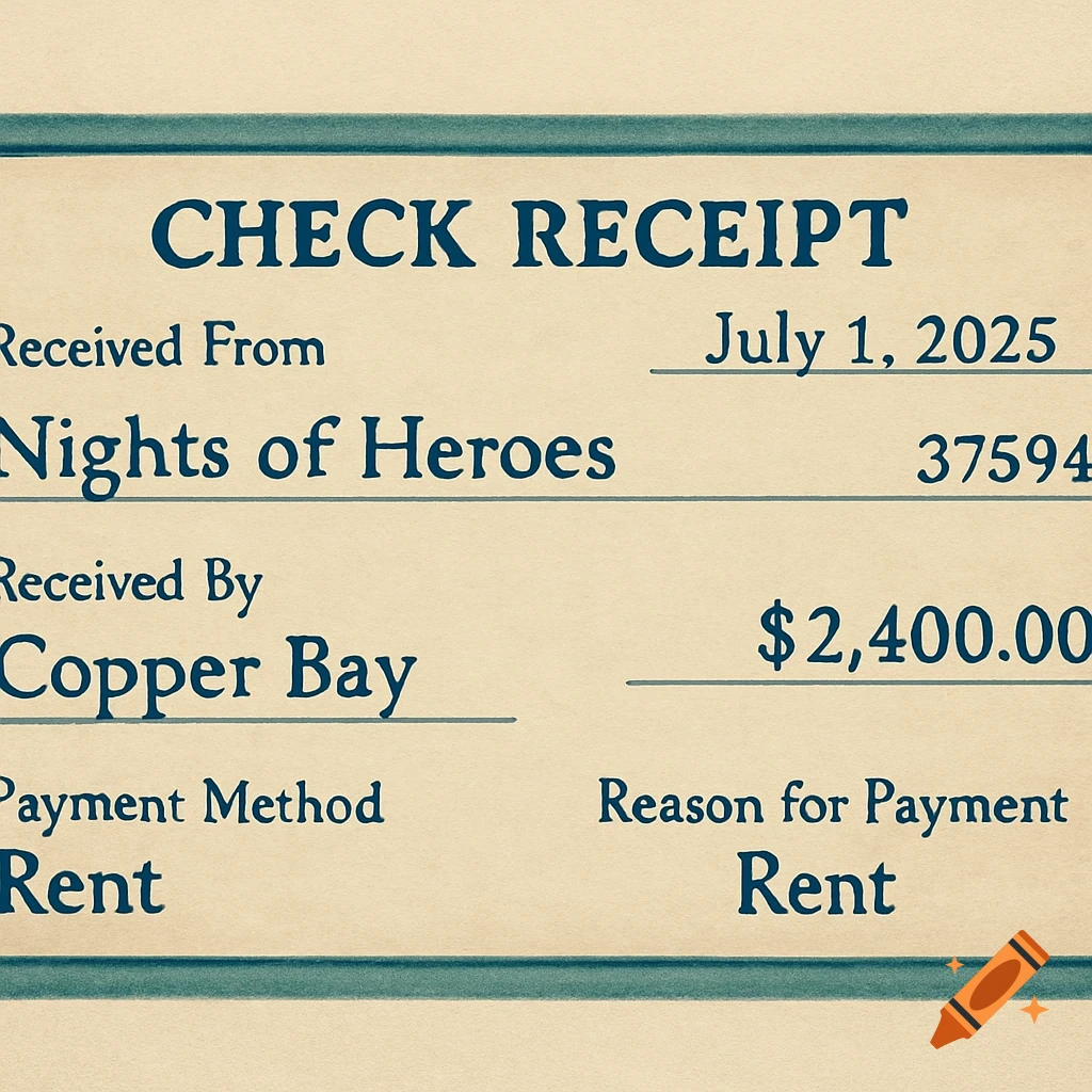 A close-up of a check receipt for $2,400 dated July 1, 2025, from Nights of Heroes to Copper Bay for rent.