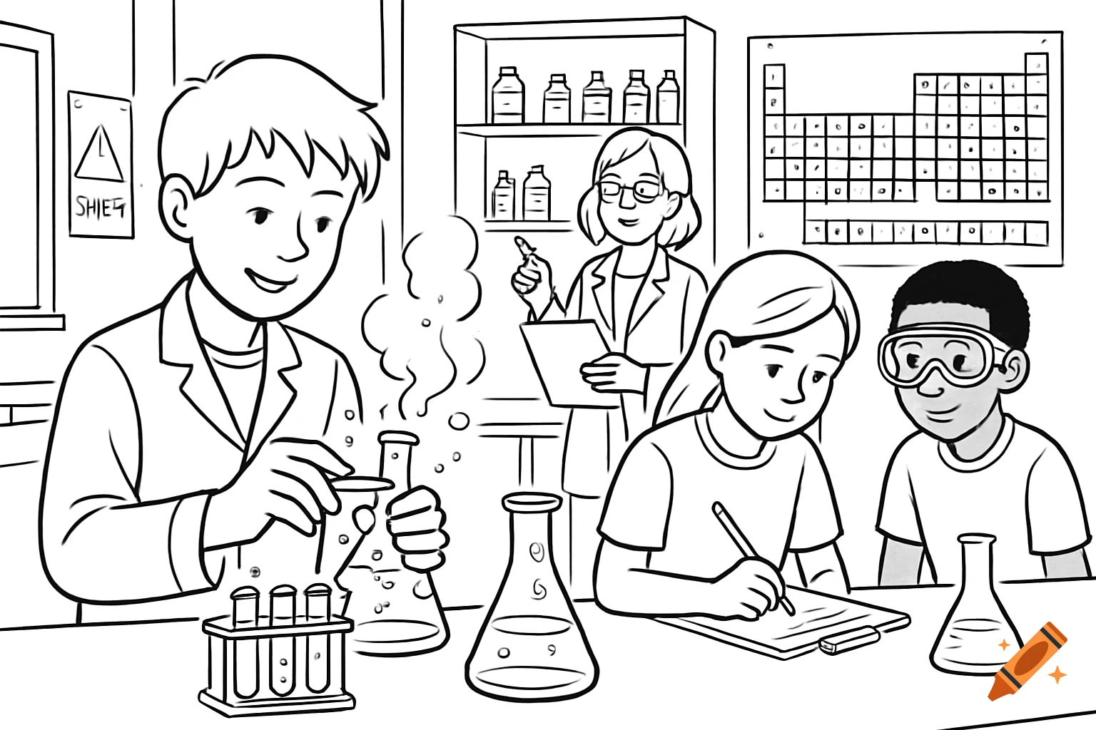 A black and white line illustration of students and a teacher in a science lab with glassware and a periodic table.