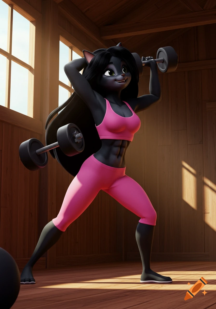 Humanoid black cat with long hair in pink sportswear working out with dumbbells inside a wooden barn, in a Disney animation style.