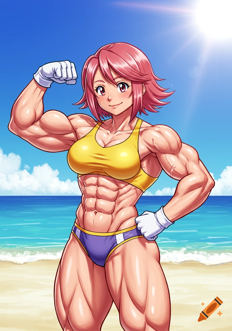 Anime woman with pink hair flexing large muscles on a sunny beach.