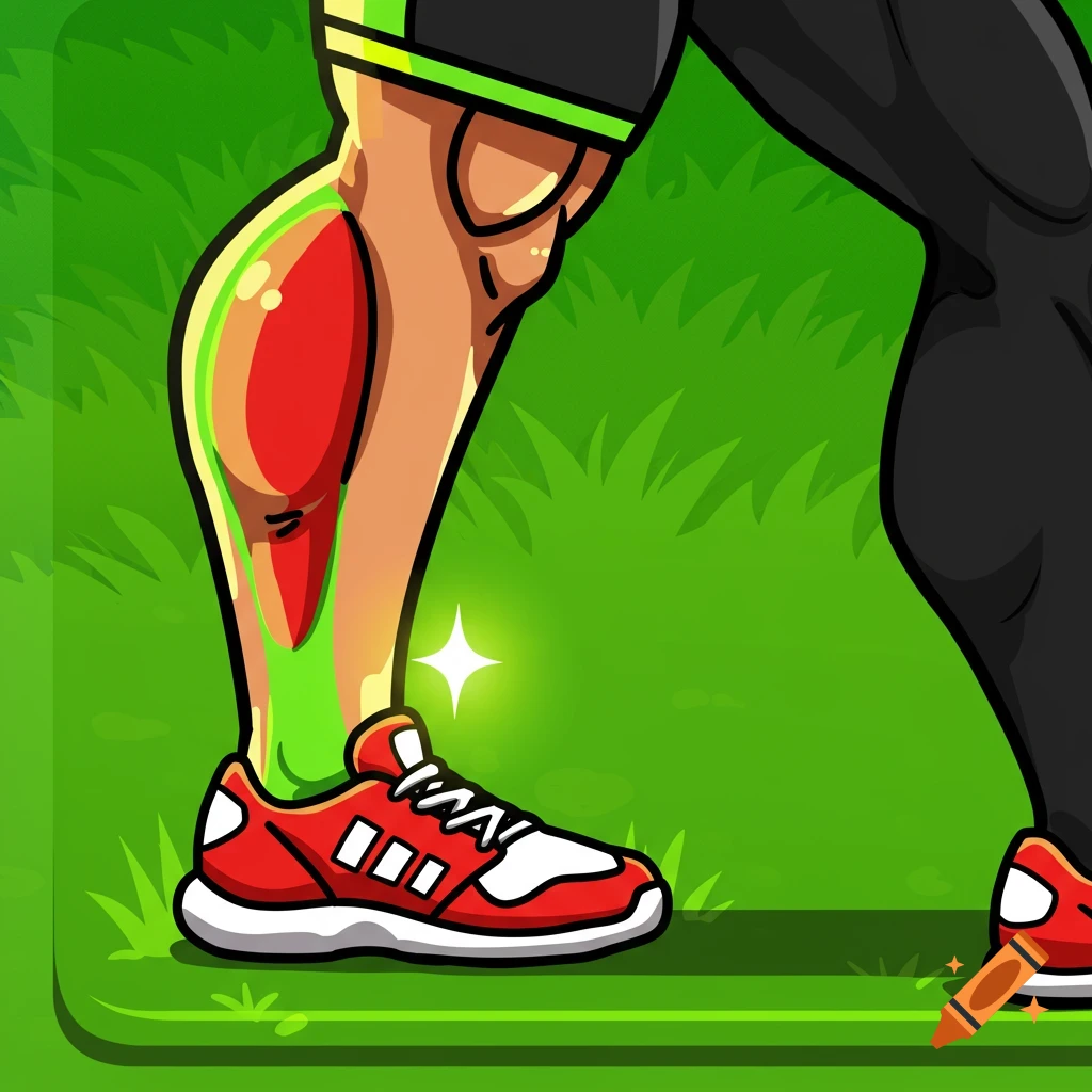 Cartoon style muscular leg with highlighted calf muscle and red sneaker on green grass.
