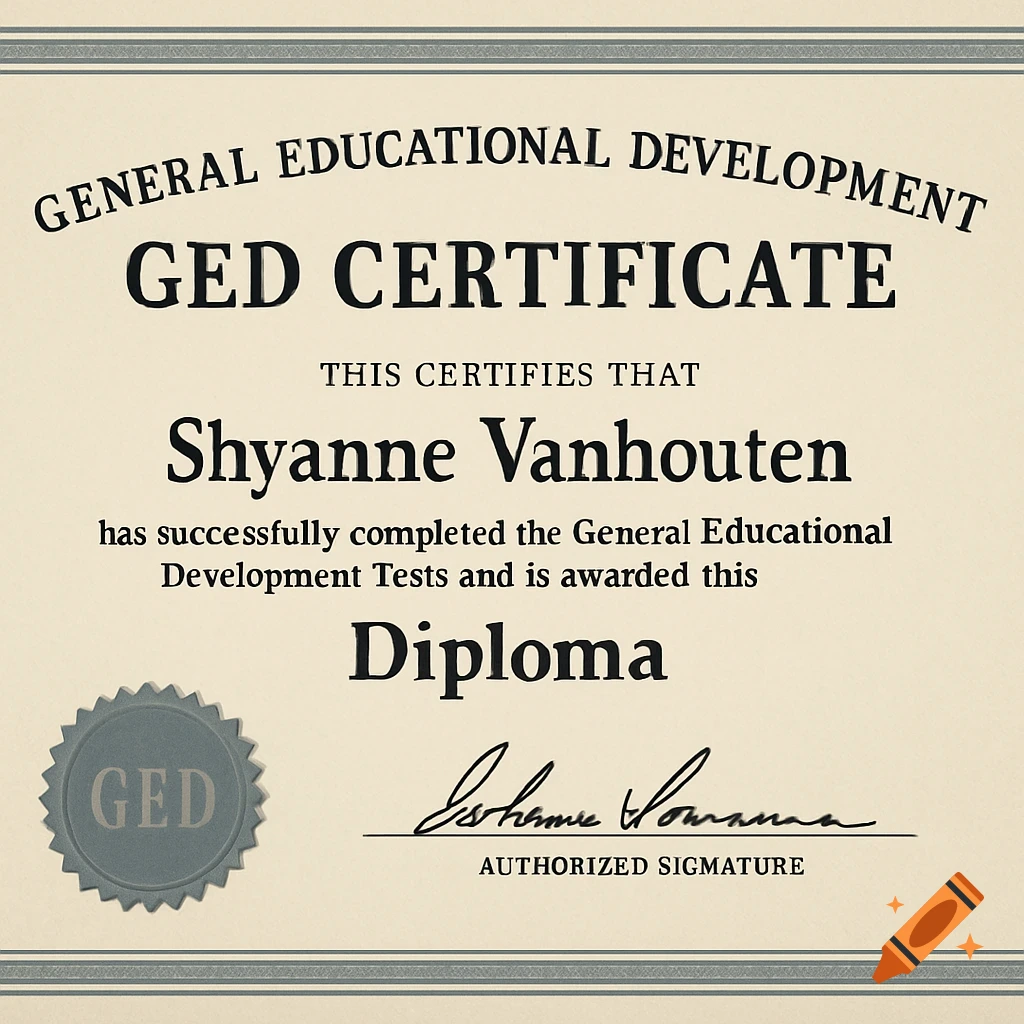A GED certificate for Shyanne Vanhouten with a signature.