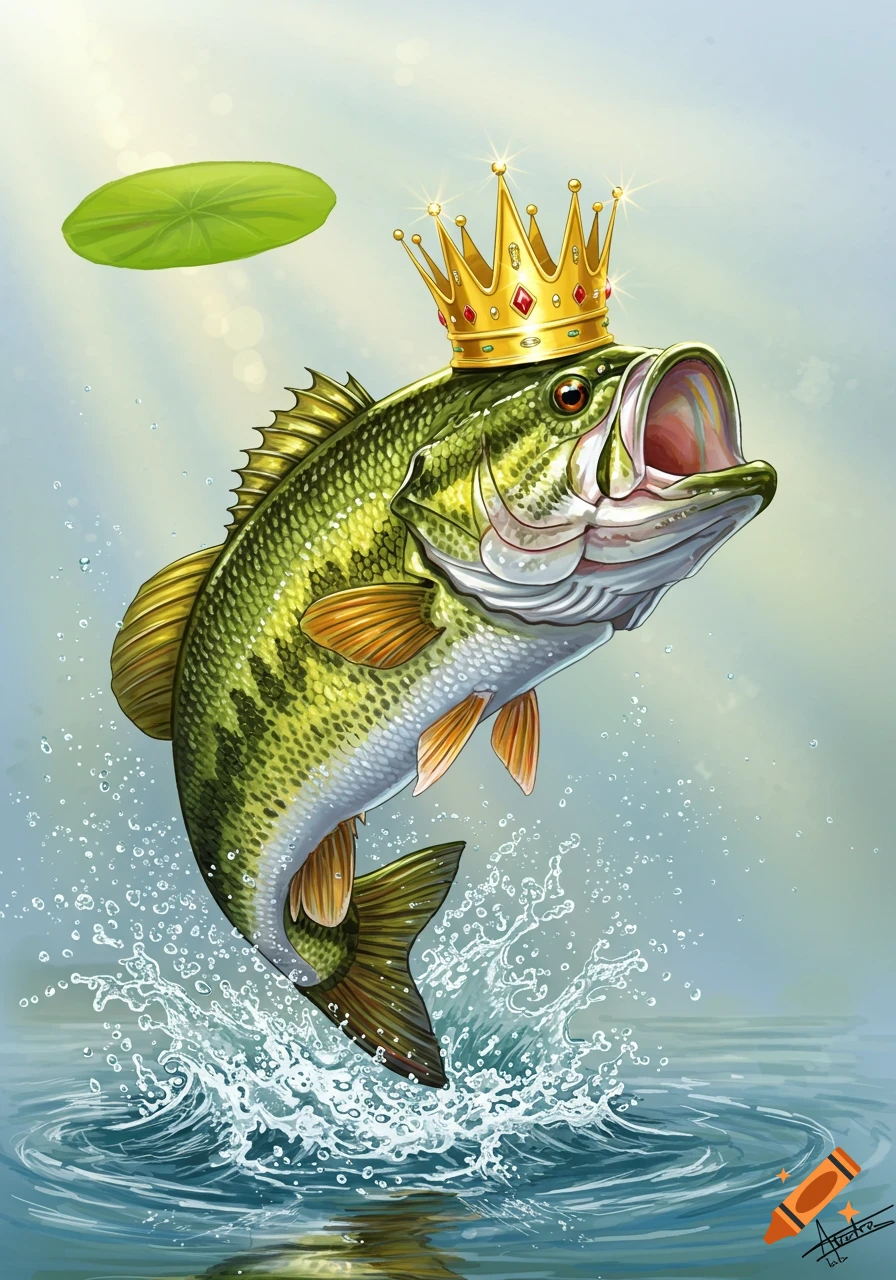 A colorful illustration of a large mouth bass with a gold crown jumping out of water, creating a splash. A lily pad floats above.