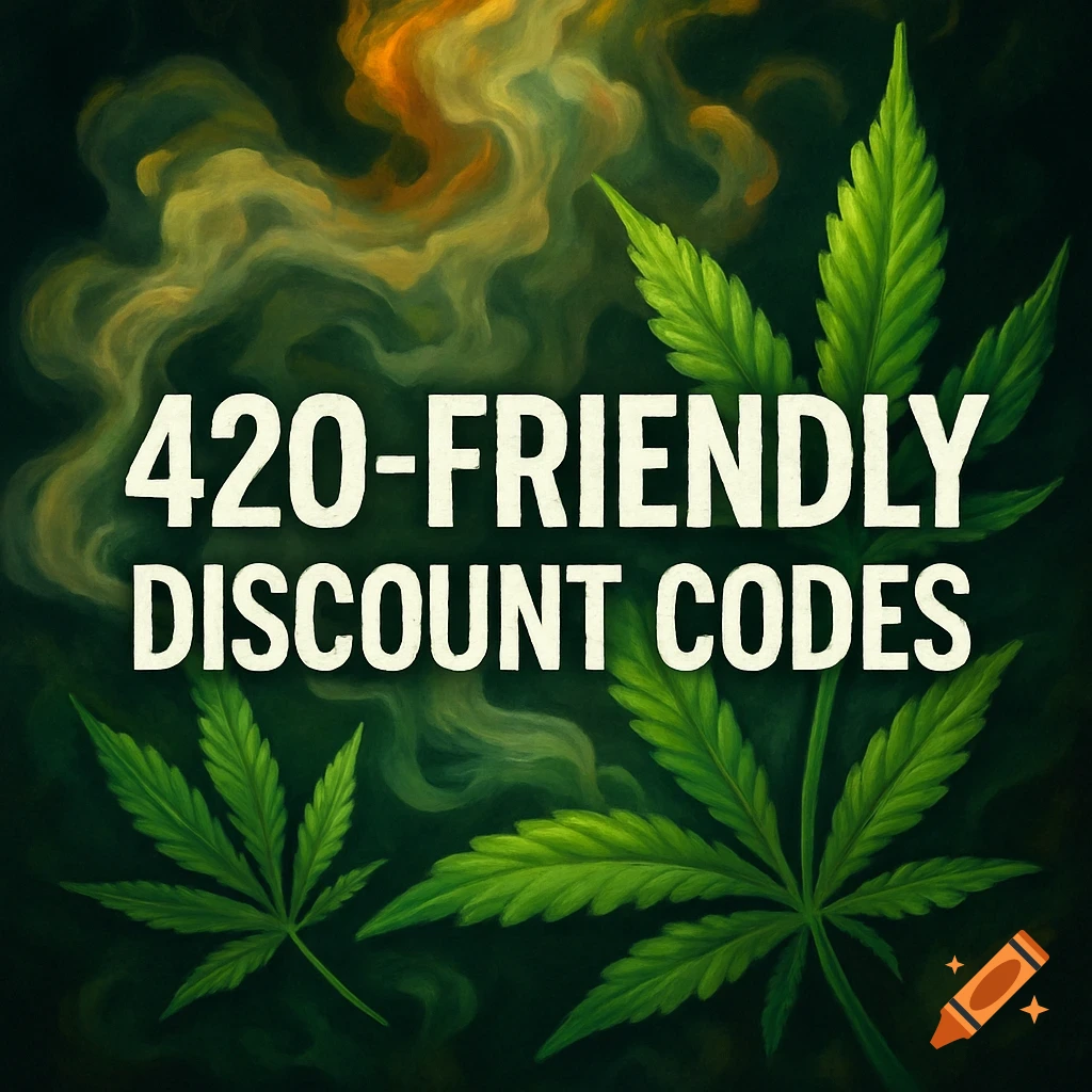 Text '420-FRIENDLY DISCOUNT CODES' in white over a background of green cannabis leaves and smoky green and orange swirls.