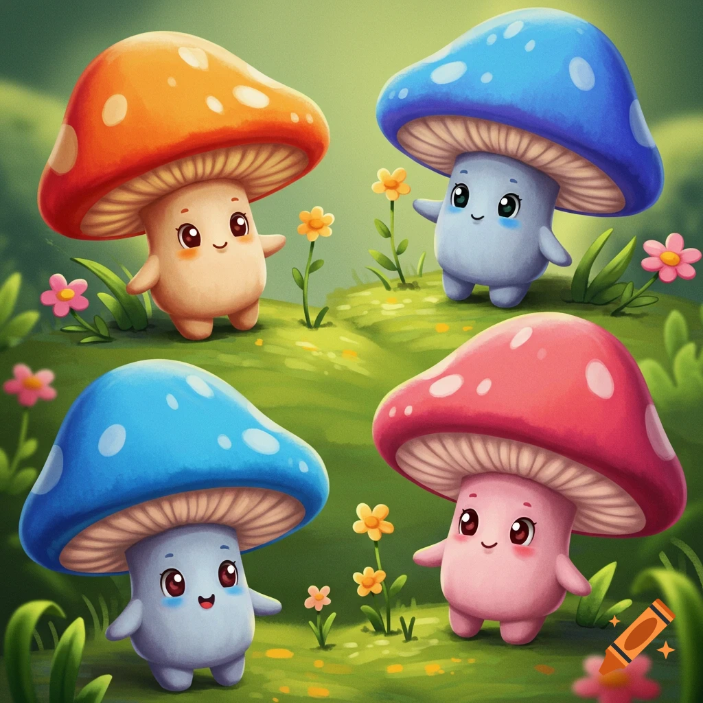 Four cute, colorful mushroom characters with smiling faces stand in a green, grassy field with small flowers.