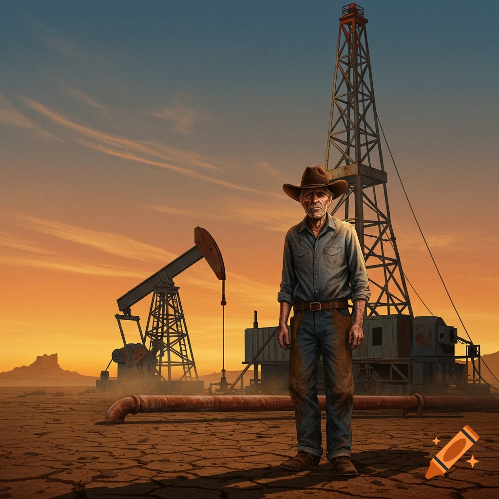 An old, grizzled cowboy stands in a cracked desert landscape with oil rigs at sunset, in a detailed illustrative style.