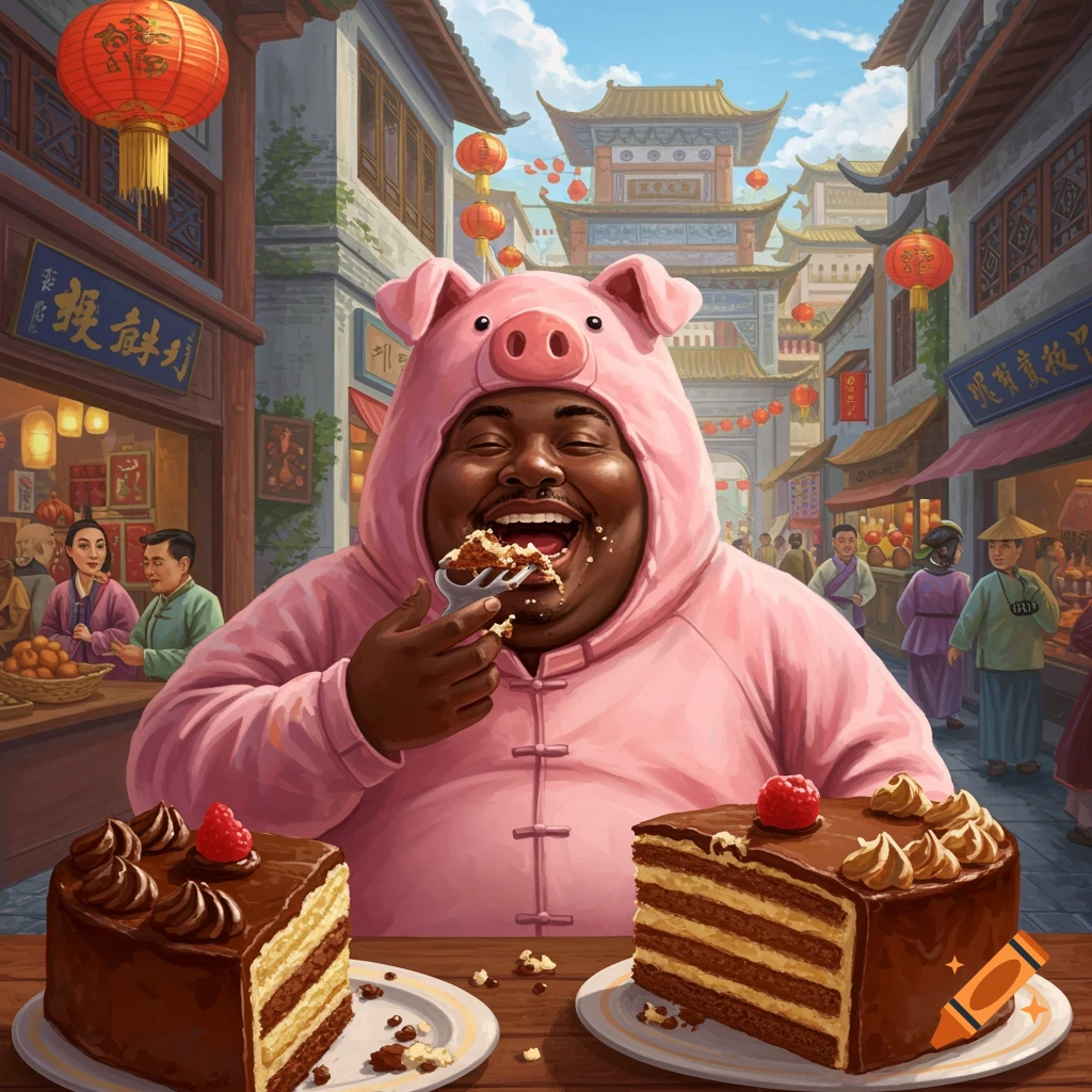 A man in a pink pig costume happily eats cake with a fork, crumbs on his face, surrounded by an bustling Asian street with traditional buildings and red lanterns.