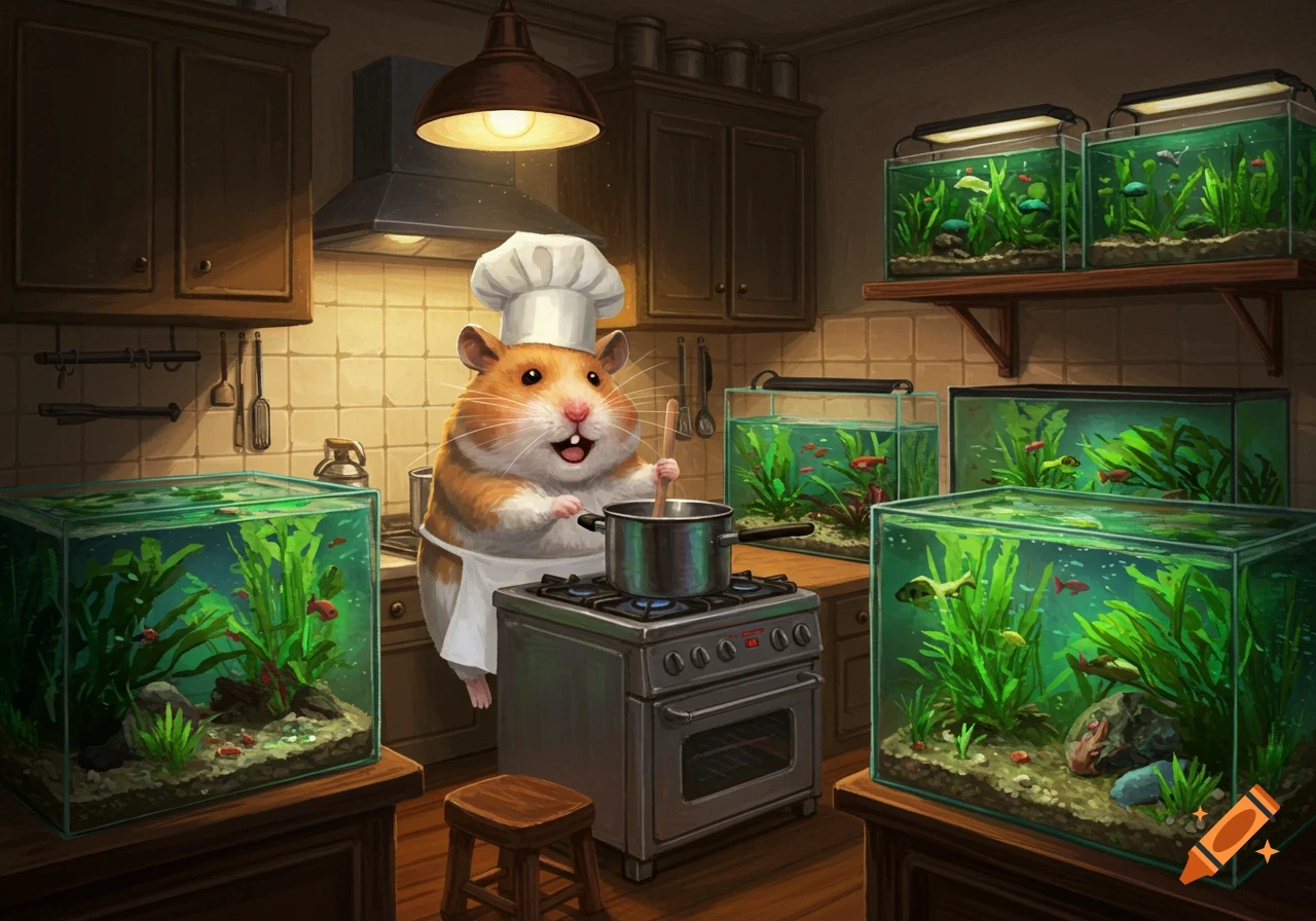 A happy hamster chef cooks in a kitchen surrounded by several illuminated fish tanks with aquatic plants and small fish.