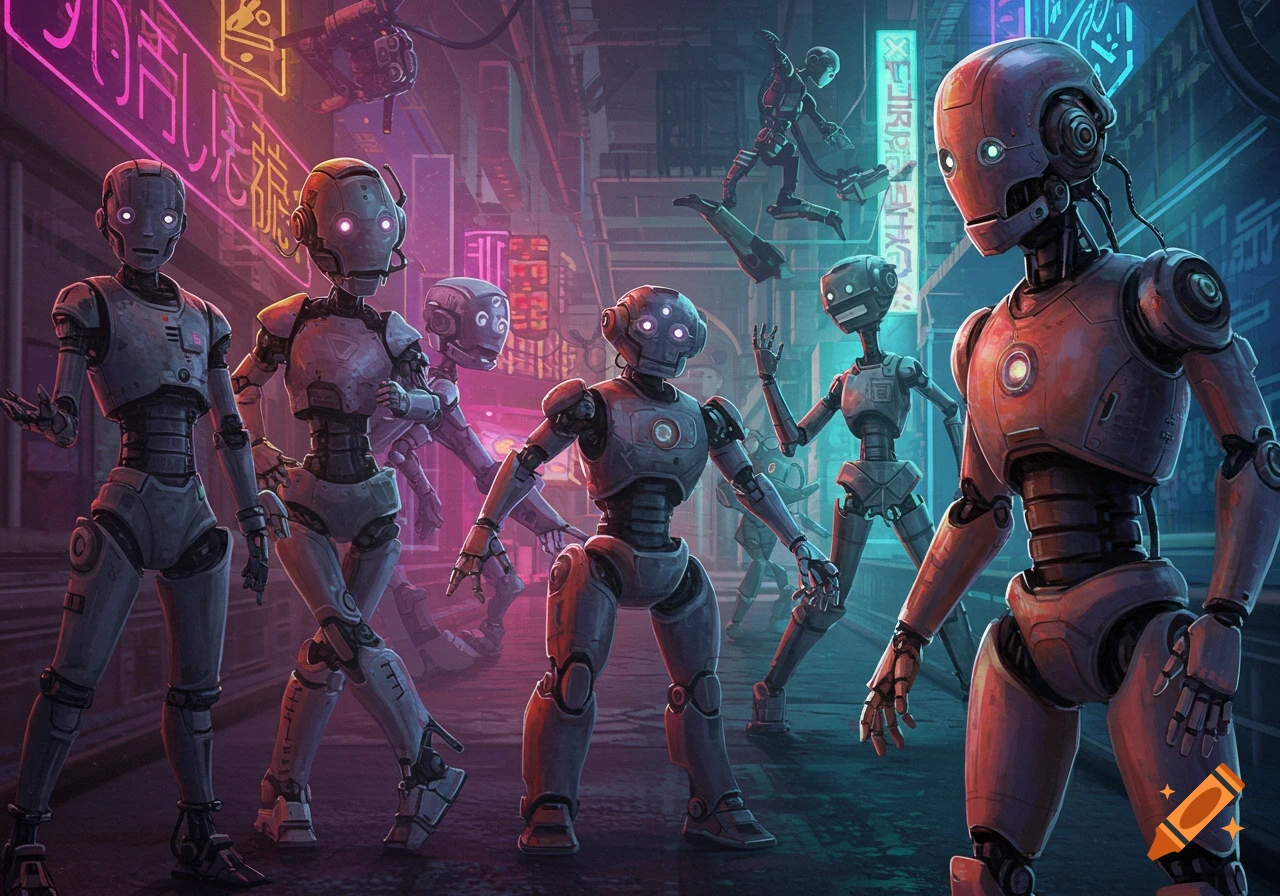 A vibrant cyberpunk scene featuring a group of various robots with glowing eyes standing on a street lit by neon signs.