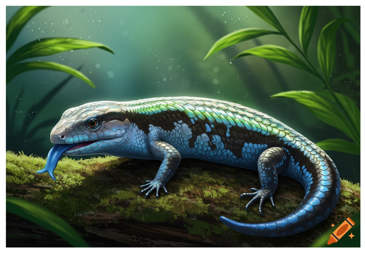 An illustrative blue-tongue skink with blue and green scales on a mossy log, its bright blue tongue extended, amidst green foliage.