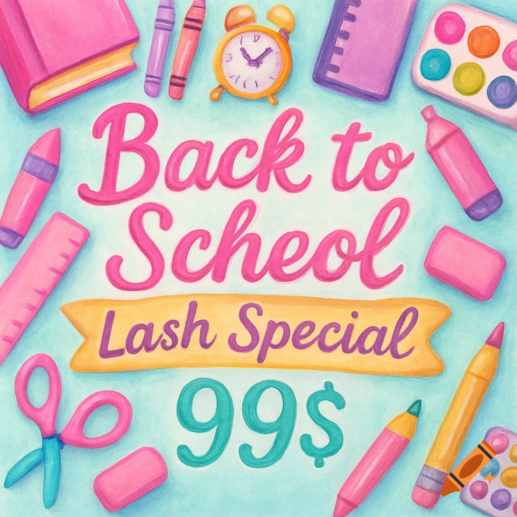 Colorful illustration of school supplies like books, crayons, and scissors surrounding the text 'Back to School Lash Special 99$'.