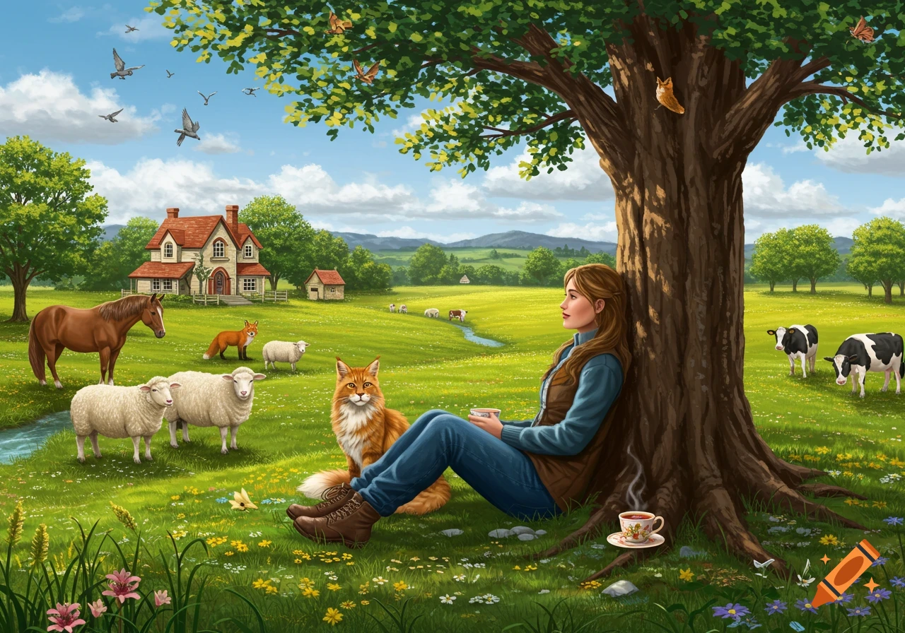 A woman relaxes under a large tree on a lush green farm with a house, various animals, and a stream under a blue sky.