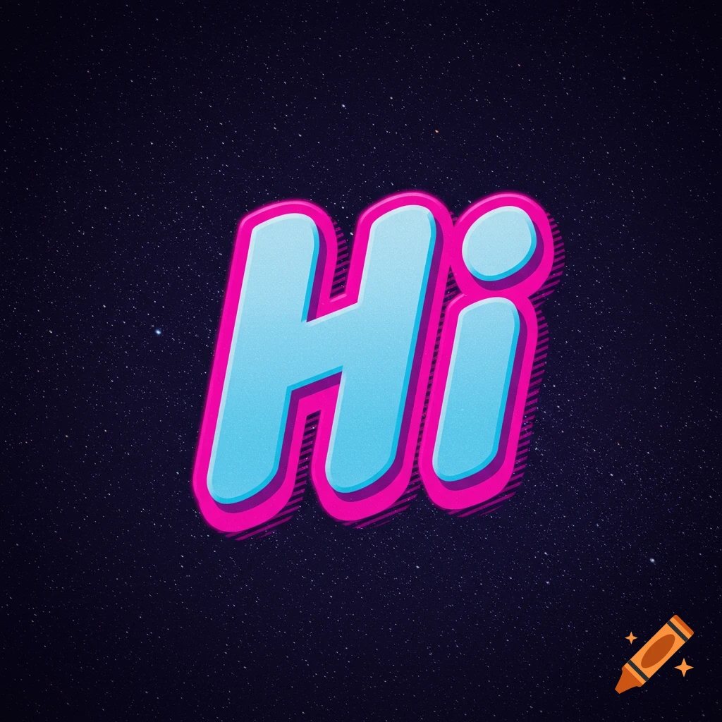 Blue and pink stylized text spelling 'Hi' with a starry dark blue background.