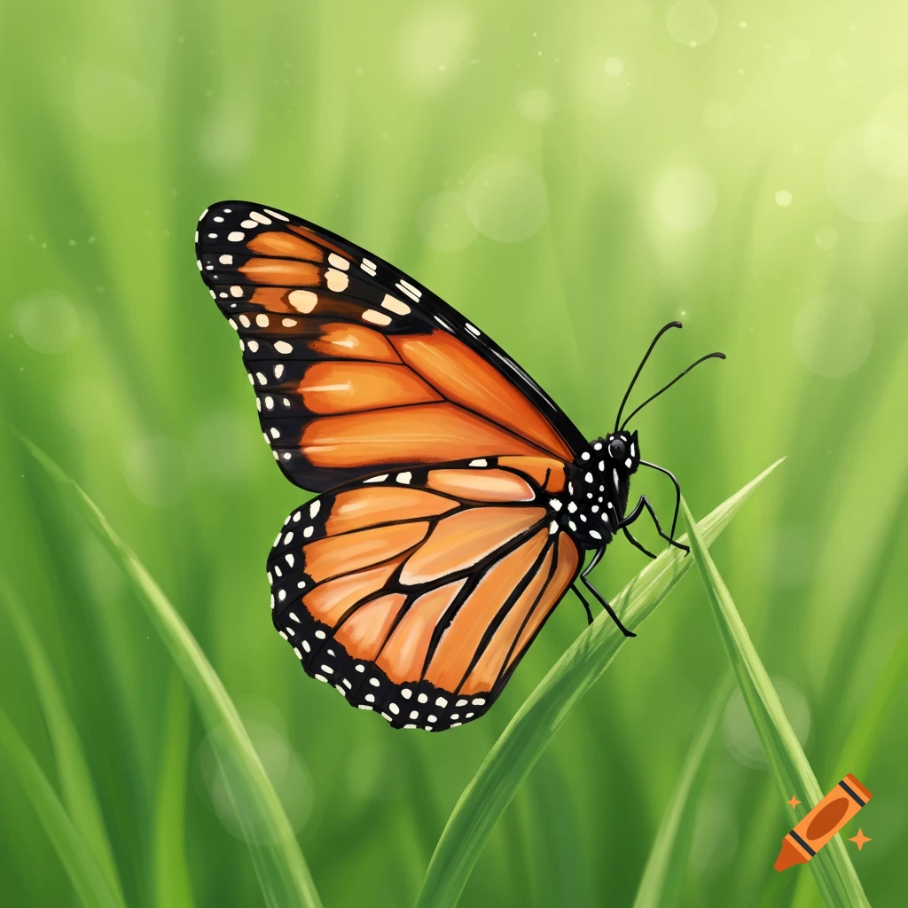 A monarch butterfly with orange and black wings perched on a blade of green grass in an illustrative style.