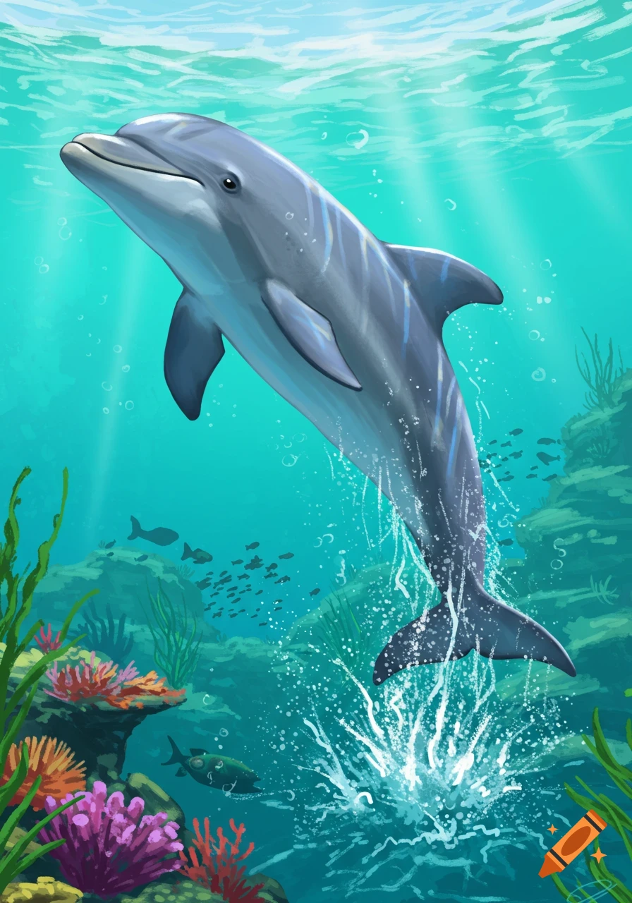 An illustration of a gray dolphin jumping out of turquoise water above colorful coral reefs and fish.