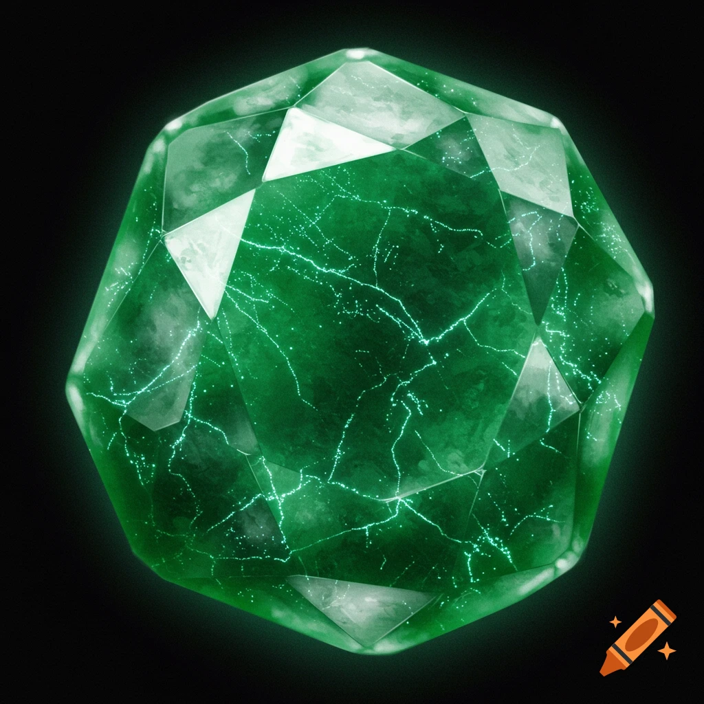 A vibrant green faceted gem with glowing internal crack-like patterns on a black background.