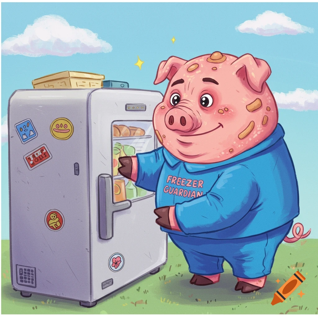 Cartoon pig in a blue hoodie with 'FREEZER GUARDIAN' written on it, smiling next to an open freezer outdoors.