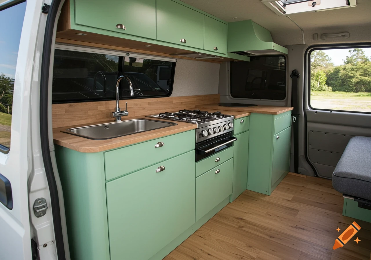 A modern campervan interior features a pistachio green kitchen with an oak countertop, stainless steel sink, and a stove, with a bed visible to the right.