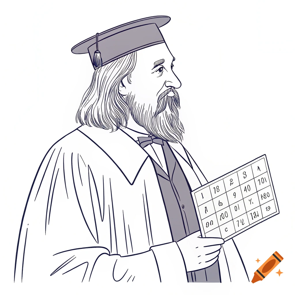 A line drawing illustration of a man with long hair and a beard, wearing an academic gown and cap, holding a tablet with a grid of numbers and letters.
