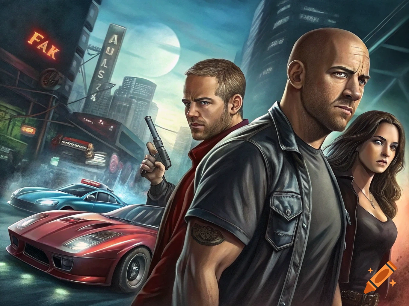 Digital painting of three characters resembling Fast & Furious cast, standing in a stylized futuristic city with cars.