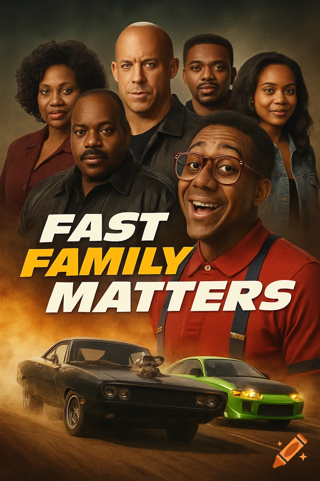 A movie poster for 'Fast Family Matters' featuring diverse characters, including one resembling Vin Diesel and another resembling Urkel, above two racing cars.