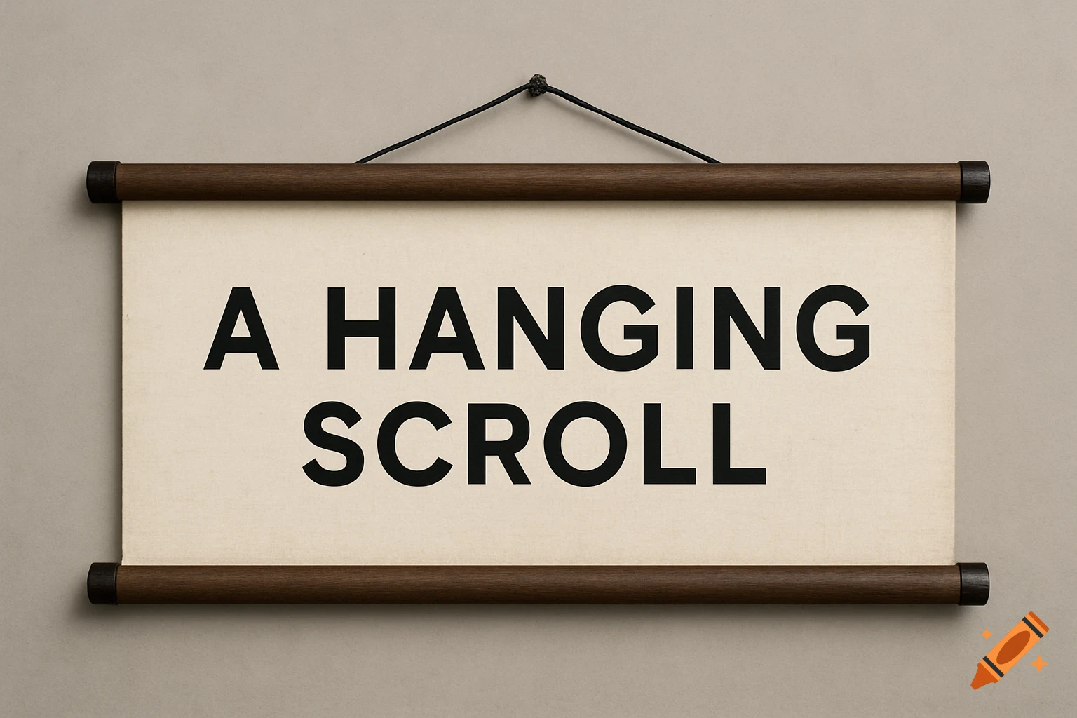 A hanging scroll with the words 'A HANGING SCROLL' in black sans-serif font on a beige background.
