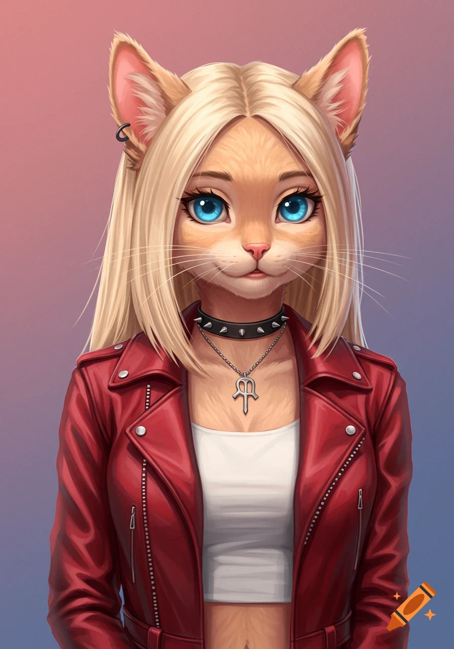 Bust portrait of an anthropomorphic cat with blonde hair, blue eyes, wearing a red leather jacket and white crop top.
