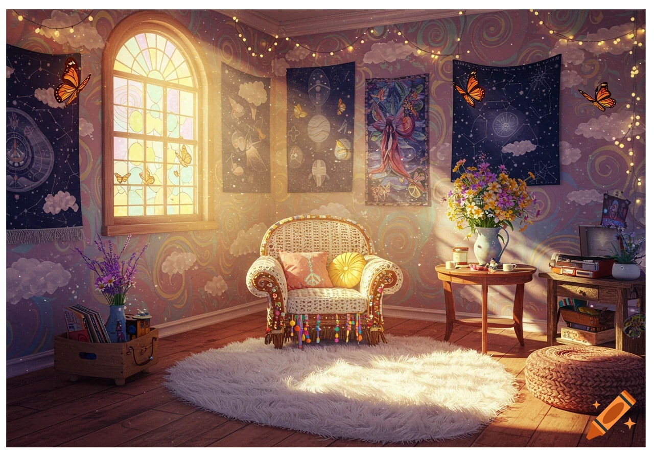 A whimsical bohemian room with an arched window, string lights, tapestries, a woven armchair, and a fluffy rug in sunlight.