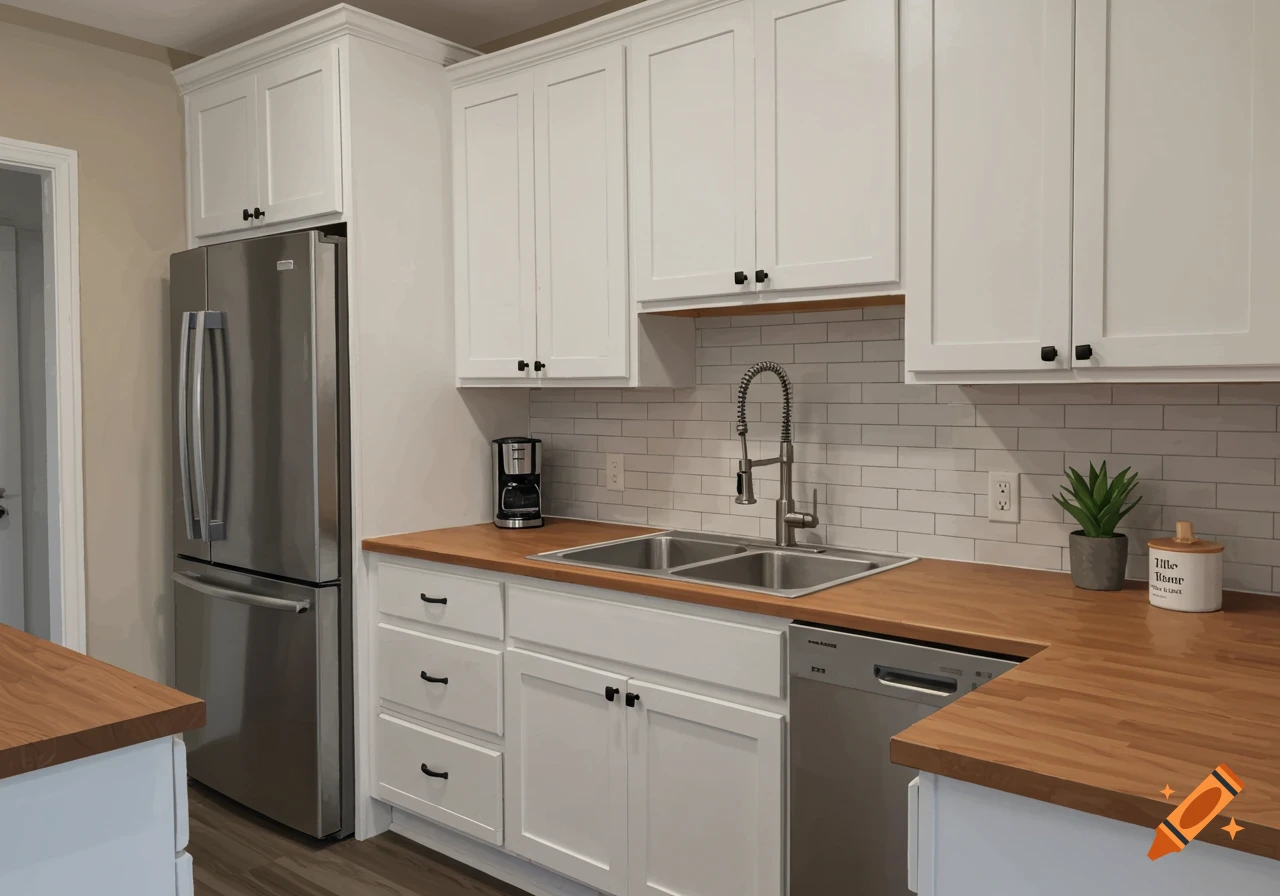A modern kitchen featuring white cabinets, stainless steel appliances, acacia wood countertops, and a white subway tile backsplash.