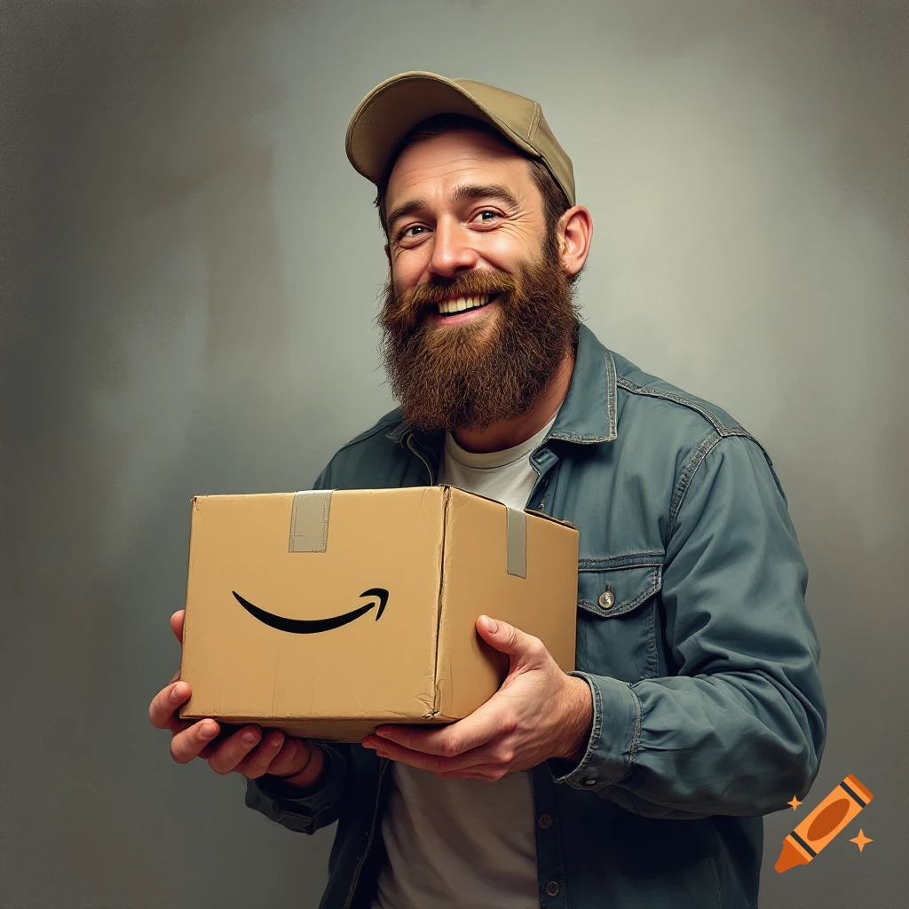 A smiling bearded man in a baseball cap and denim jacket holds an Amazon parcel.