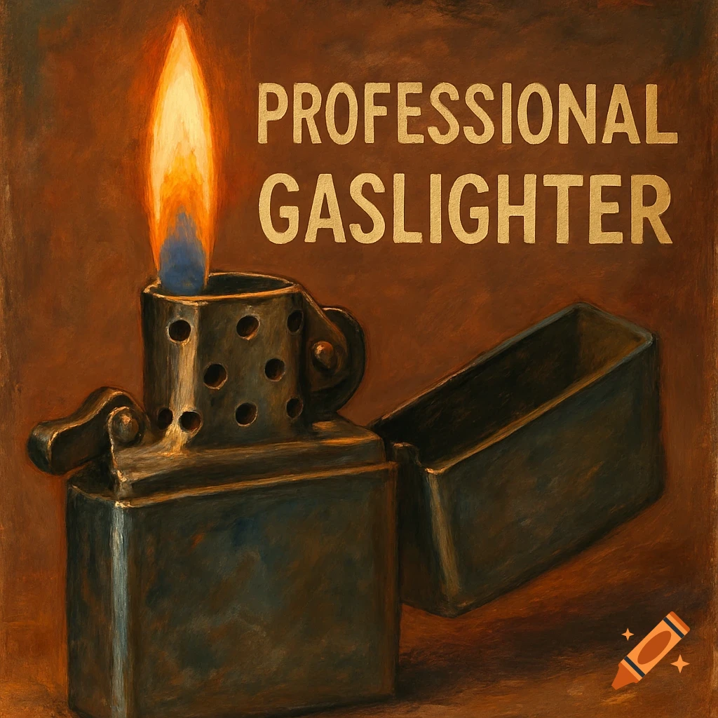 A painterly image of a lit Zippo-style lighter with the lid open, and the words 'PROFESSIONAL GASLIGHTER' above it.